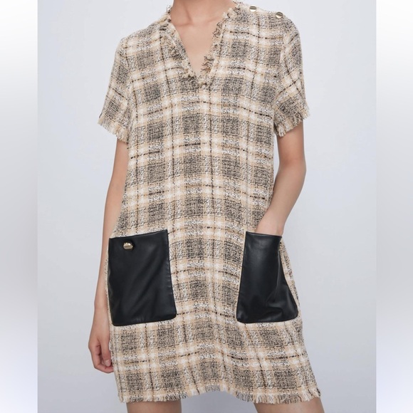 Zara Brown Plaid Dress S Preppy Academia Classic Boho Chic Fringe Pockets NEW - Picture 1 of 13